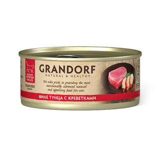 GRANDORF консервы для взрослых кошек, филе тунца с креветками, 70 г