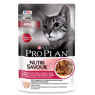 Pro Plan Nutri Savour Adult влажный корм для взрослых кошек, с уткой, кусочки в соусе, 85 г