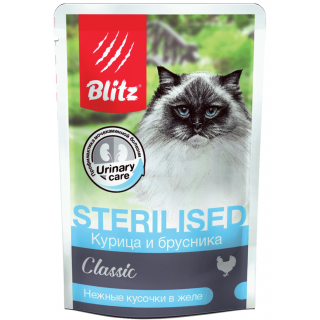 Blitz Classic Sterilised влажный корм для стерилизованных кошек, курица с брусникой в желе, 85 г
