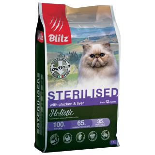 Blitz Holistic Sterilised сухой низкозерновой корм для стерилизованных кошек, курица и печень