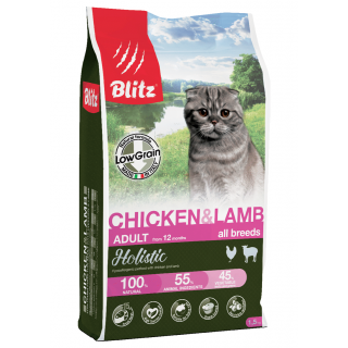 Blitz Holistic Adult сухой низкозерновой корм для взрослых кошек, курица и ягненок