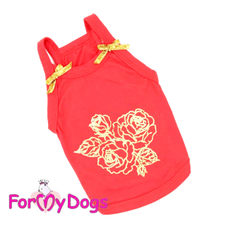 Майка для собак небольших пород "Розы" ForMyDogs, красная с золотым принтом, размер 18/XL 